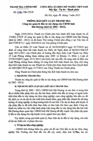 Công tác quản lý đầu tư xây dựng ở tỉnh Hải Dương: Thanh tra Chính phủ yêu cầu sớm xử lý, khắc phục các sai phạm