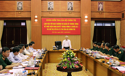 Đoàn kiểm tra của Bộ Chính trị làm việc với Ban Thường vụ Quân ủy Trung ương về thực hiện Nghị quyết Trung ương 4 (khóa XI) và Chỉ thị 03 