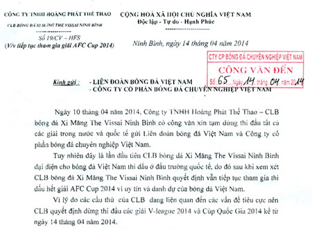 V.Ninh Bình chính thức bỏ giải V-League 2014
