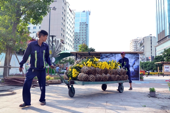 Di chuyển hoa từ nơi tập trung đến vị trí lắp đặt.