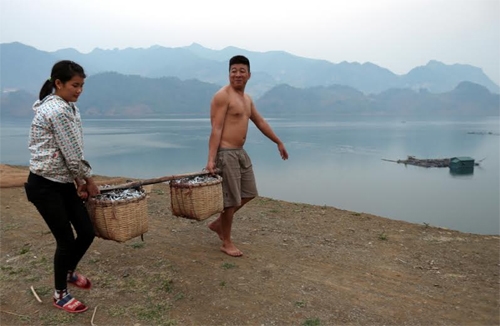 Những gùi cá nặng tay sau một đêm đánh cá vất vả.