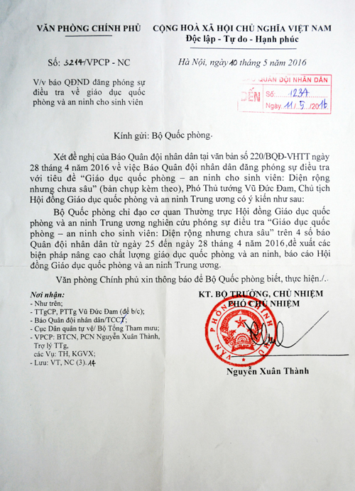 Phó thủ tướng Vũ Đức Đam chỉ đạo cơ quan chức năng đề xuất biện pháp nâng cao chất lượng môn học GDQPAN 