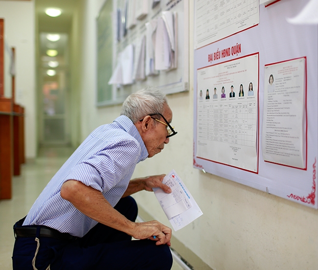 Một cử tri cao tuổi nghiên cứu lý lịch người ứng cử được niêm yết tại một điểm bầu cử trên phố Hàng Bông.