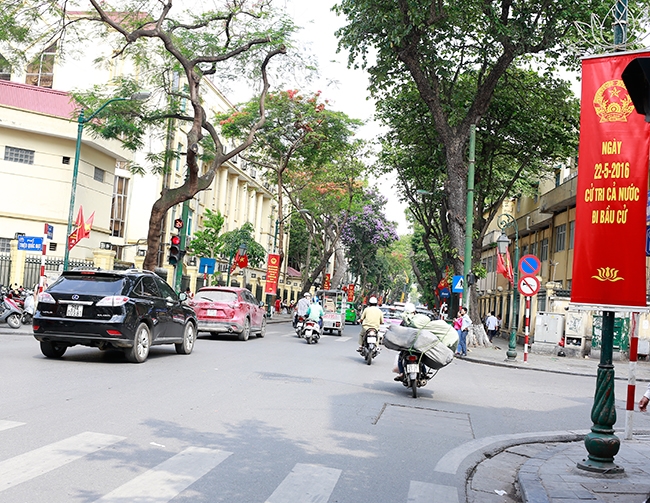 ... và trên phố Tràng Thi, tất cả đều rực đỏ màu pa-nô, băng rôn, khẩu hiệu và tranh cổ động.