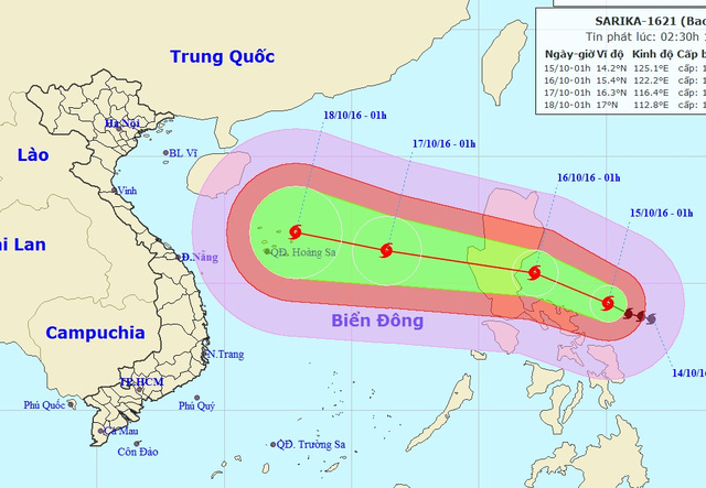 Bão Sarika có khả năng mạnh thêm, giật cấp 16-17 