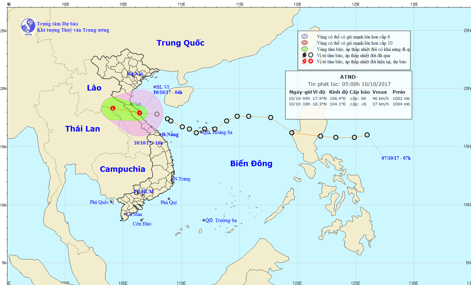 Áp thấp nhiệt đới vào đất liền các tỉnh Hà Tĩnh-Quảng Bình với sức gió giật cấp 8 