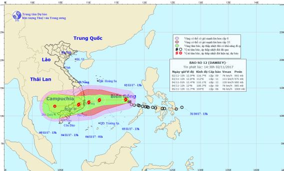 Bão số 12 gió giật cấp 11 cách bờ biển Khánh Hòa-Ninh Thuận 800km