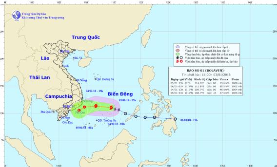 Bão số 1 cách bờ biển Ninh Thuận - Bình Thuận khoảng 190km về phía Đông 
