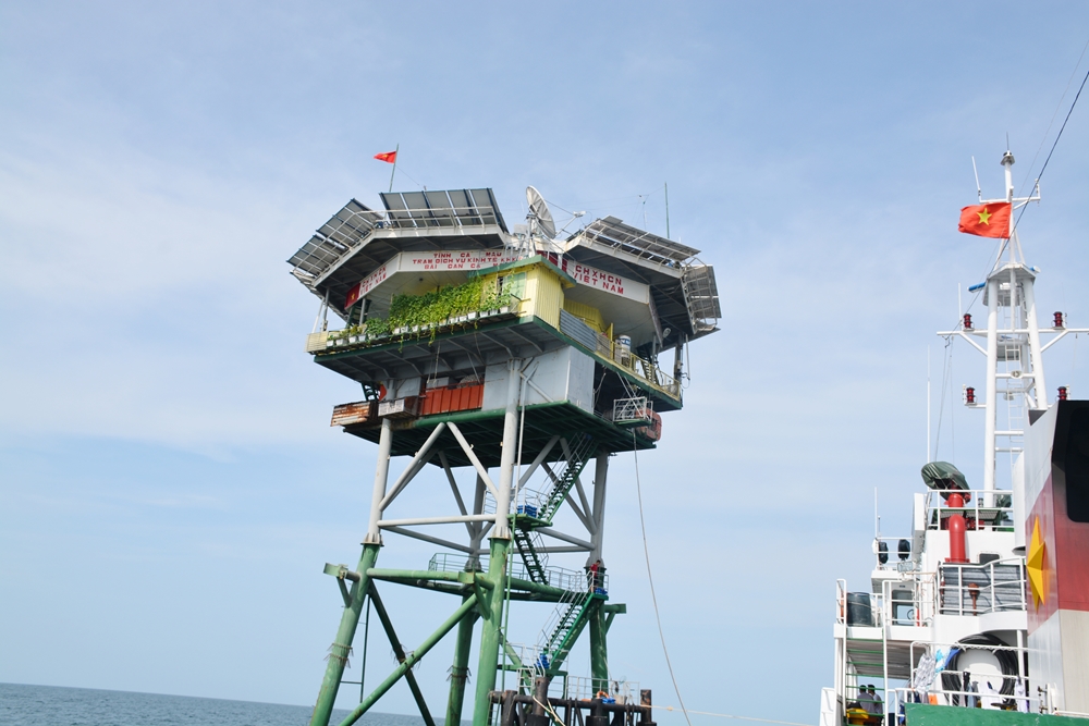 Từ xa, Nhà giàn DK1/10 nổi bật giữa biển khơi mênh mông với giàn mồng tơi xanh tươi.