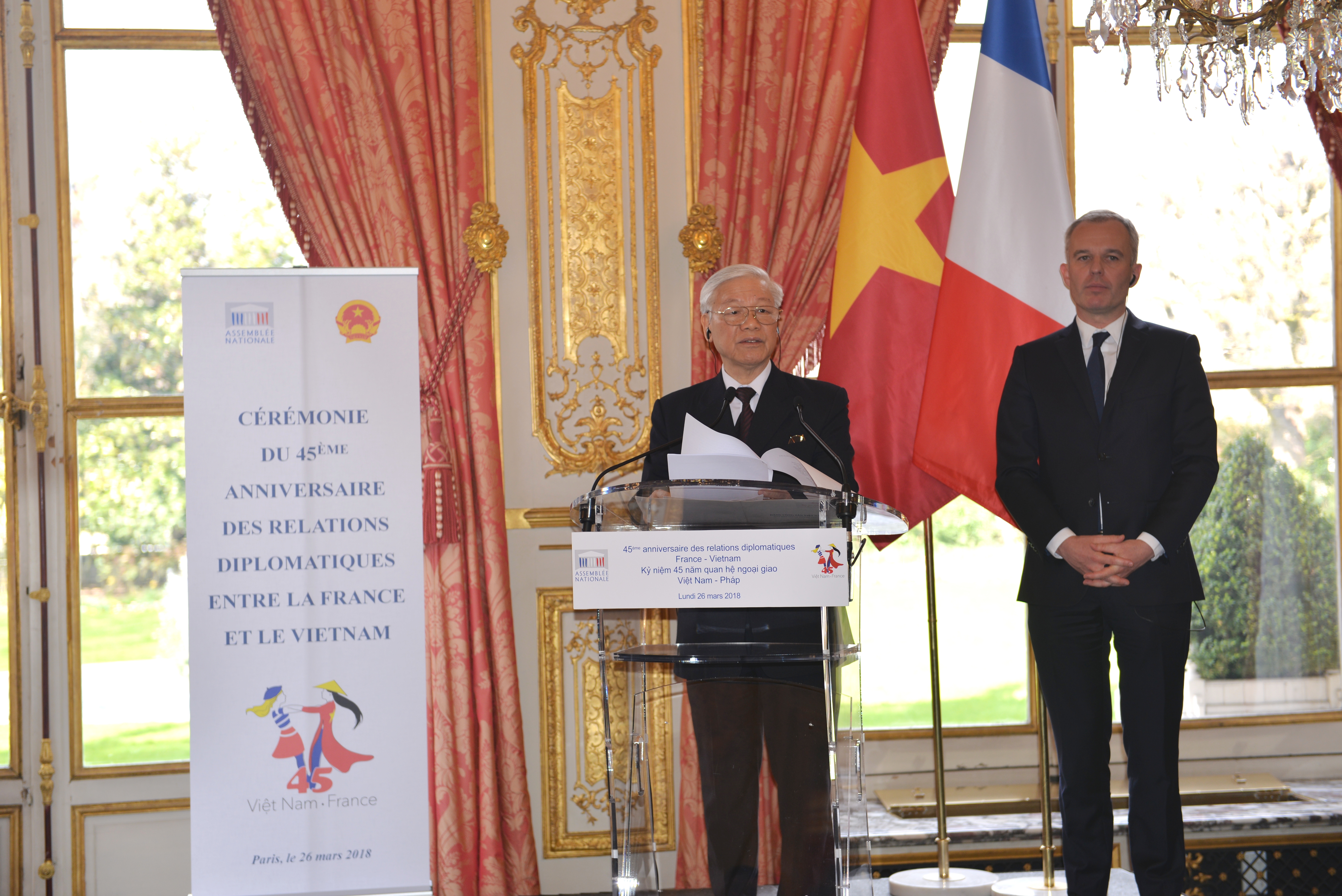 Tổng Bí thư Nguyễn Phú Trọng và Chủ tịch Quốc hội Francois De Rugy dự Lễ kỷ niệm 45 năm thiết lập quan hệ ngoại giao Việt Nam - Pháp