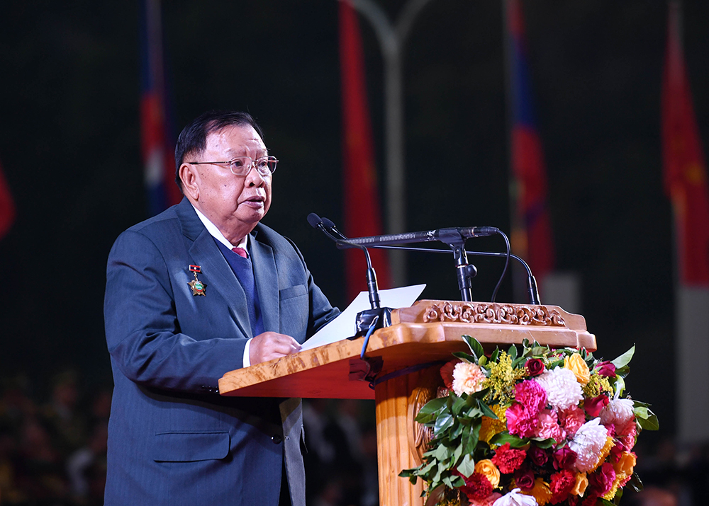 Tổng bí thư, Chủ tịch nước Lào Bounnhang Vorachith phát biểu tại lễ kỷ niệm.