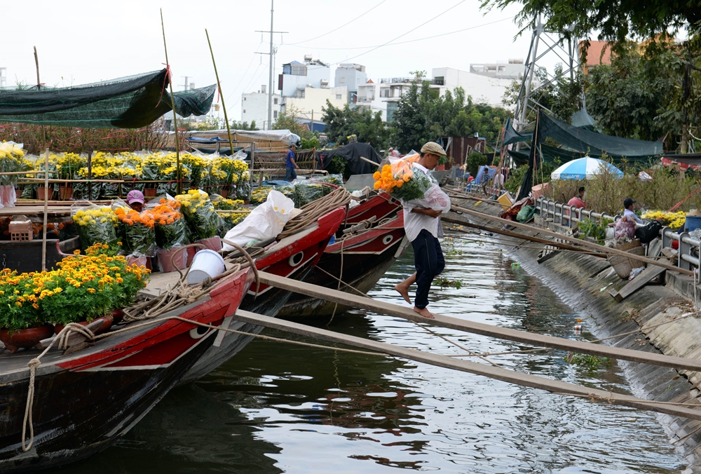 Các chậu hoa được chuyển từ ghe lên vỉa hè.