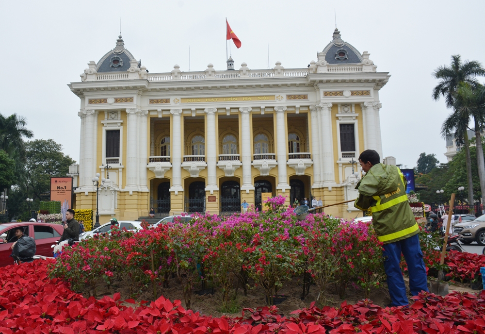 Chăm sóc hoa trước Nhà hát Lớn Hà Nội.
