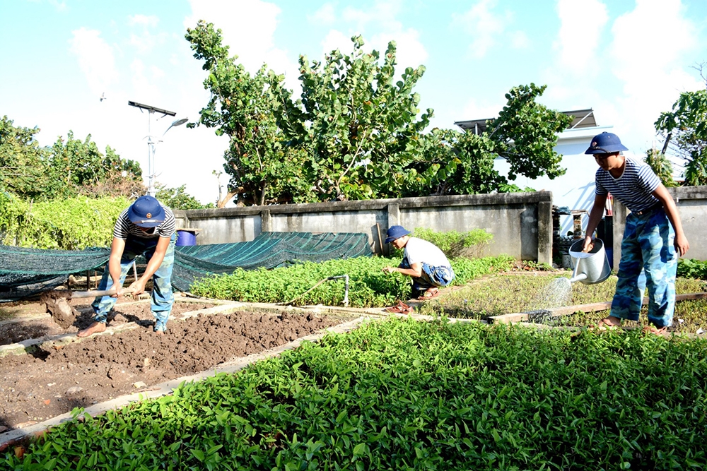 Cán bộ, chiến sĩ đảo Trường Sa tăng gia sản xuất sau giờ huấn luyện.