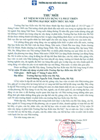 Lễ kỷ niệm 50 năm Trường Đại học Kiến trúc Hà Nội sẽ diễn ra vào ngày 17-9