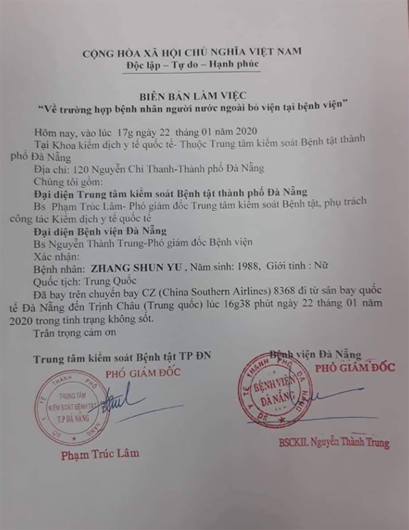 Thông tin về bệnh nhân người Trung Quốc bị sốt bỏ viện tại Đà Nẵng

