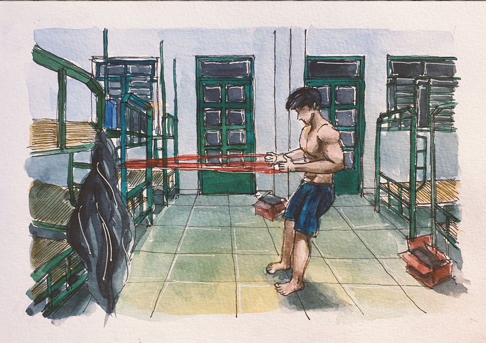 Một du học sinh tại Đức tranh thủ tập thể dục trong phòng cách ly.