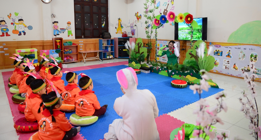 Tại hội thi, các đơn vị đã mang tới nhiều nội dung sáng tạo, đổi mới, có sức hút với trẻ ở lứa tuổi mầm non. Trong ảnh: Nội dung