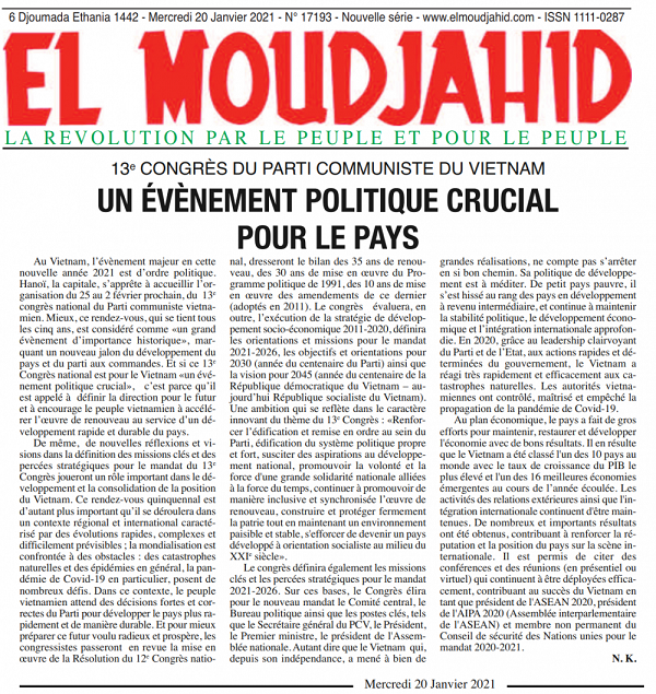 Báo Algeria đánh giá cao vai trò Đại hội Đảng toàn quốc lần thứ 13 của Việt Nam