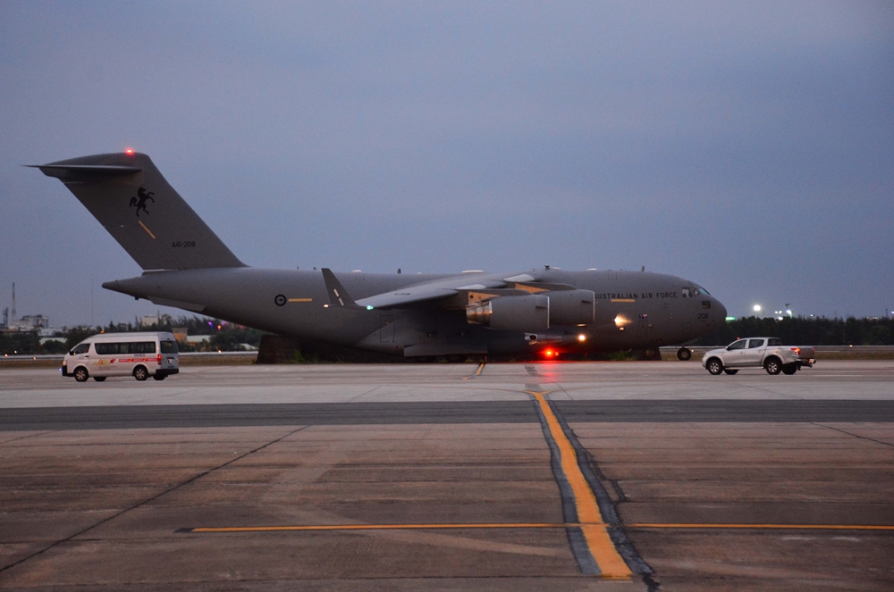 Máy bay C-17 của Không quân Hoàng gia Australia đảm nhiệm vận chuyển cán bộ, nhân viên BVDC 2.3 cùng hàng hóa, trang thiết bị.