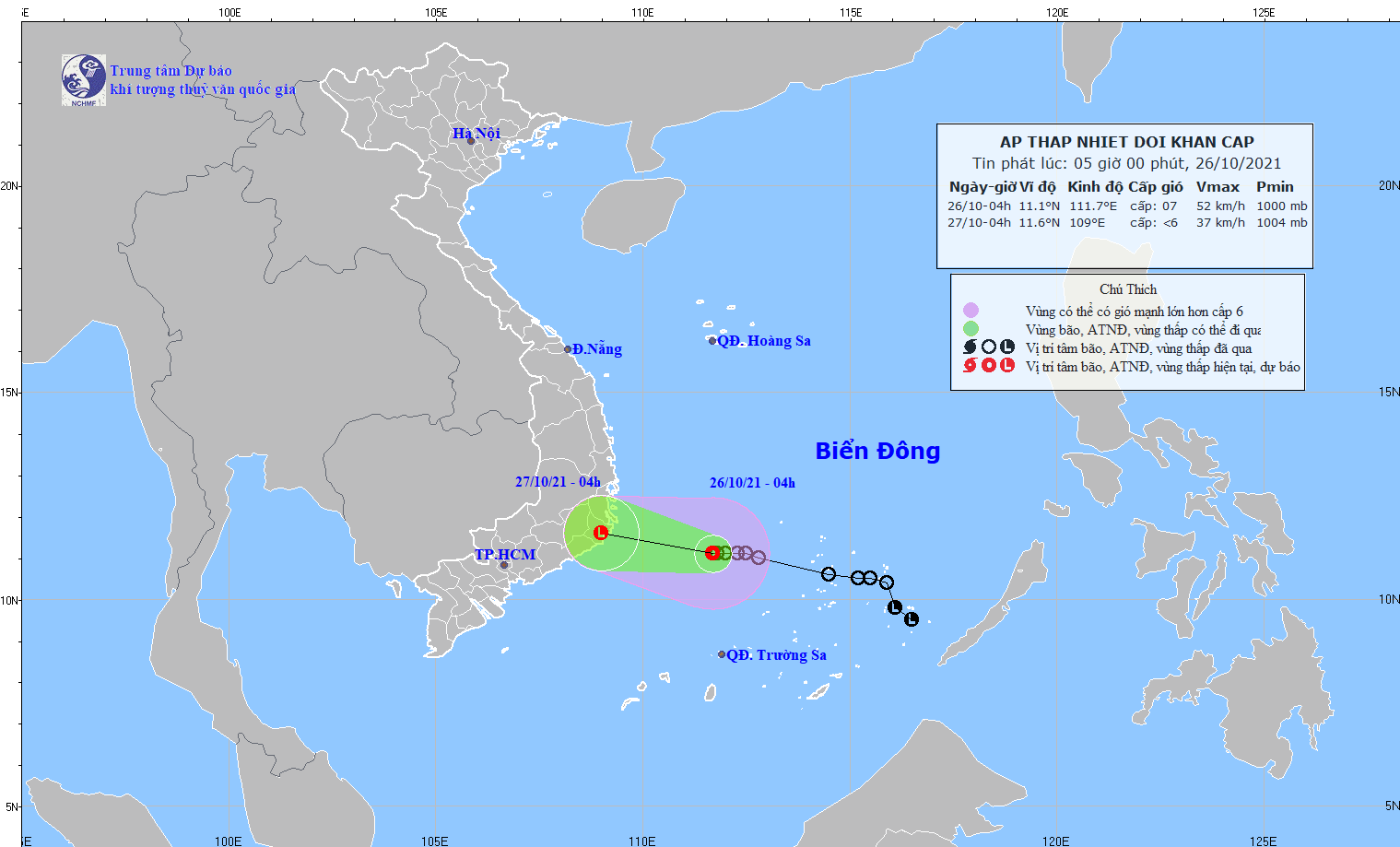 Thời tiết 26-10: Áp thấp nhiệt đới khẩn cấp cách Khánh Hòa, Ninh Thuận gần 300km