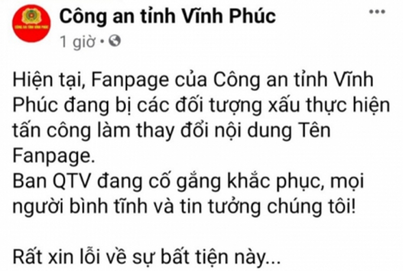 Kịp thời ngăn chặn hacker tấn công Fanpage chính thức của Công an tỉnh Vĩnh Phúc