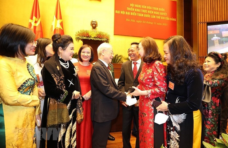 Tổng Bí thư Nguyễn Phú Trọng và các đại biểu tại Hội nghị văn hóa toàn quốc. Ảnh: TTXVN