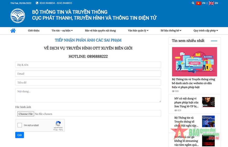 Thiết lập cổng thông tin tiếp nhận, phản ánh các sai phạm về truyền hình trên internet xuyên biên giới