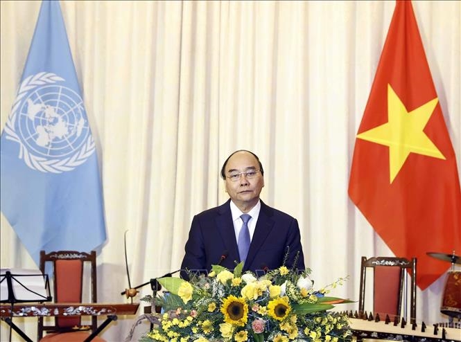 Chủ tịch nước Nguyễn Xuân Phúc và Tổng Thư ký António Guterres chủ trì Lễ kỷ niệm 45 năm Việt Nam gia nhập Liên hợp quốc