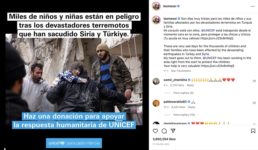 Messi kêu gọi fan giúp đỡ nạn nhân động đất ở Thổ Nhĩ Kỳ và Syria