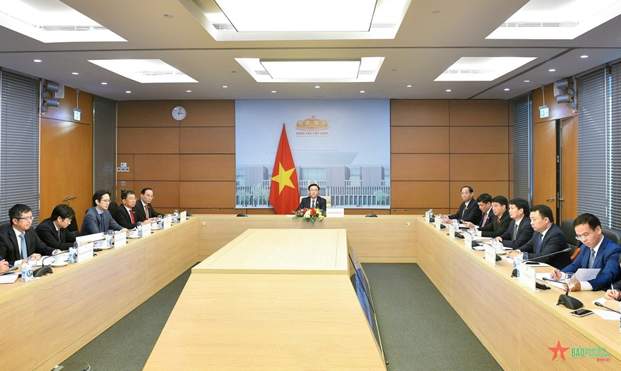 Chủ tịch Quốc hội và đoàn đại biểu Việt Nam dự hội đàm. 