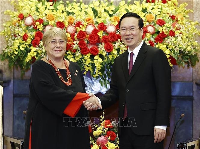 Chủ tịch nước Võ Văn Thưởng tiếp cựu Tổng thống Chile Michelle Bachelet. Ảnh: TTXVN 