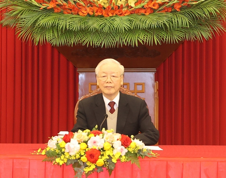 Tổng Bí thư Nguyễn Phú Trọng tại điện đàm với Tổng thống Hoa Kỳ. Ảnh: TTXVN 