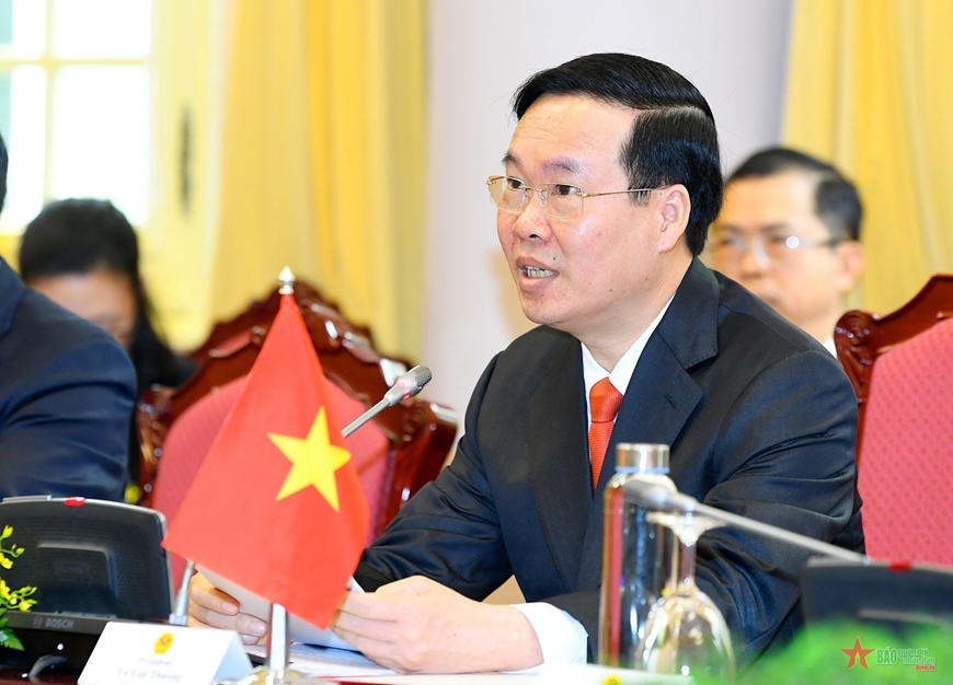 Chủ tịch nước Võ Văn Thưởng phát biểu tại hội đàm. Ảnh: Tuấn Huy
