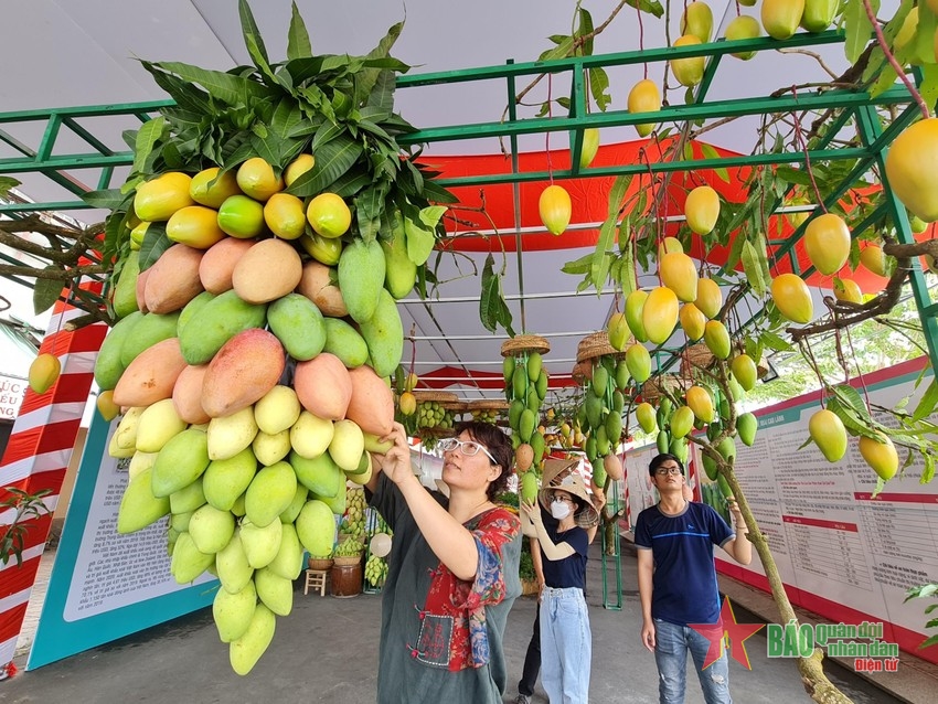 Du khách thích thú khi tham quan các quầy trưng bày sản phẩm xoài trong khuôn khổ Lễ hội xoài được diễn ra năm 2022 tại Đồng Tháp.