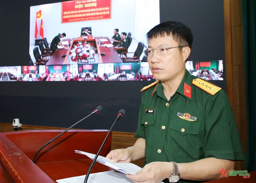 Đại tá Hà Duyên Năm, Trưởng phòng Tài chính Tổng cục Hậu cần báo cáo kết quả công tác tài chính của tổng cục năm 2022. 