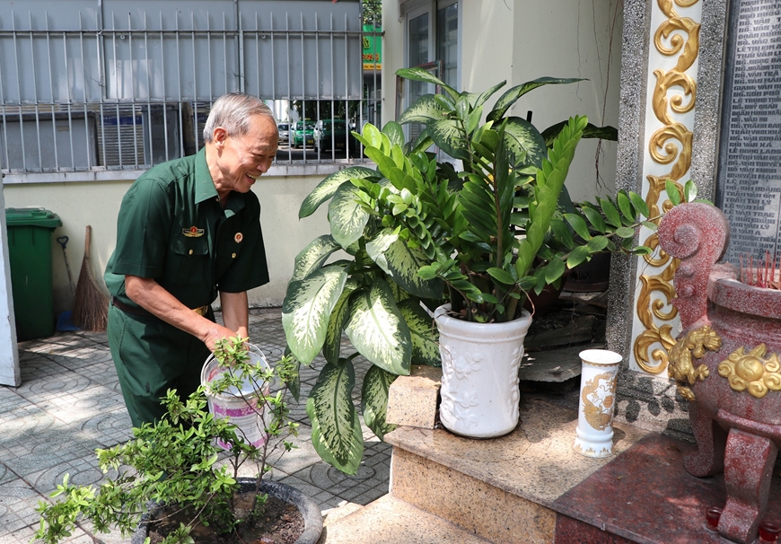  Cựu chiến binh Phạm Thanh Định chăm sóc khuôn viên nhà bia truyền thống phường 9, quận Phú Nhuận. 
