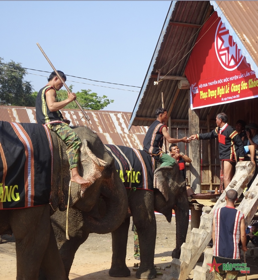 Thầy cúng ban rượu cho nài chính và nài phụ tại nghi lễ cúng sức khỏe cho voi. 