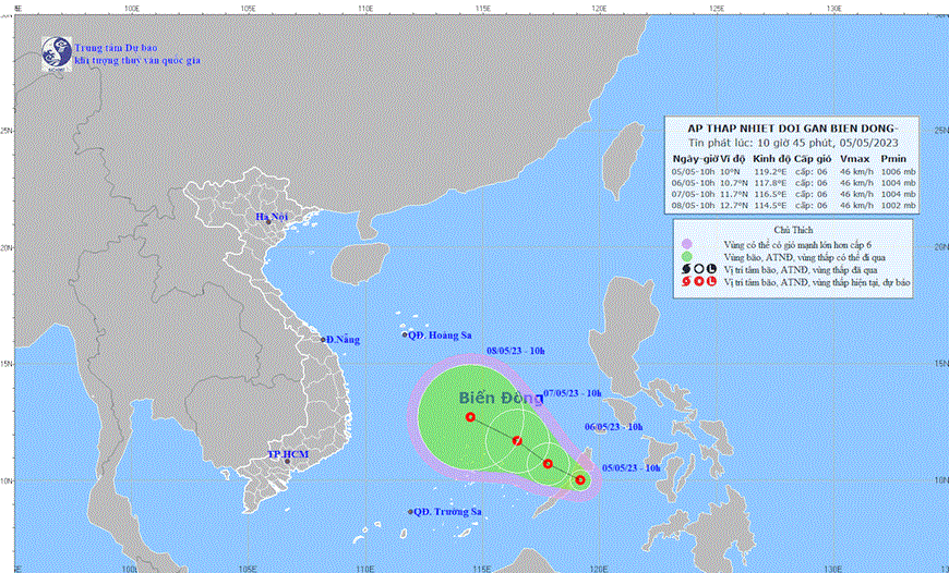 Vị trí và đường đi của áp thấp nhiệt đới. Ảnh: Trung tâm dự báo khí tượng thủy văn quốc gia