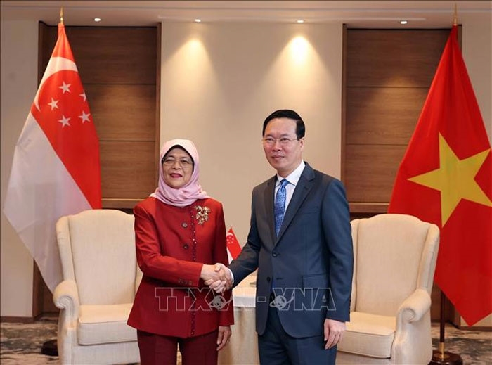 Chủ tịch nước Võ Văn Thưởng gặp Tổng thống Singapore Halimah Yacob.  