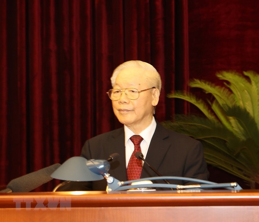  Tổng Bí thư Nguyễn Phú Trọng phát biểu bế mạc Hội nghị Trung ương giữa nhiệm kỳ khóa XIII. Ảnh: TTXVN 