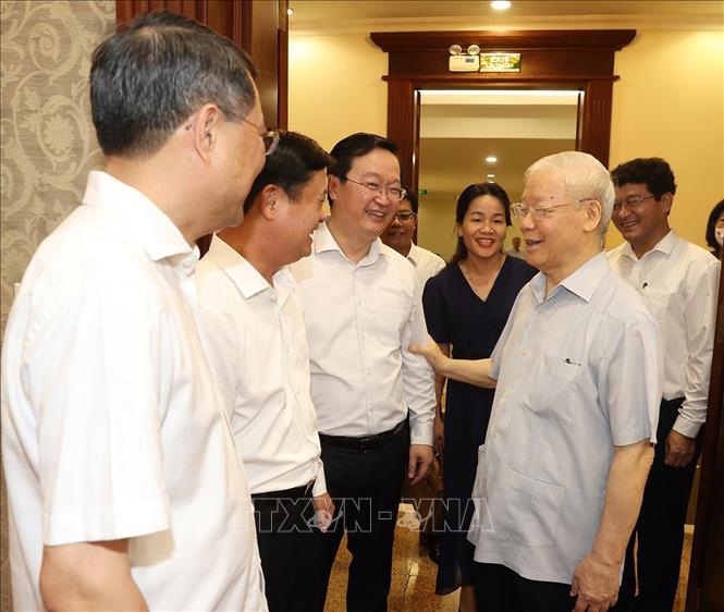  Tổng Bí thư Nguyễn Phú Trọng và các đại biểu dự cuộc họp. Ảnh: TTXVN