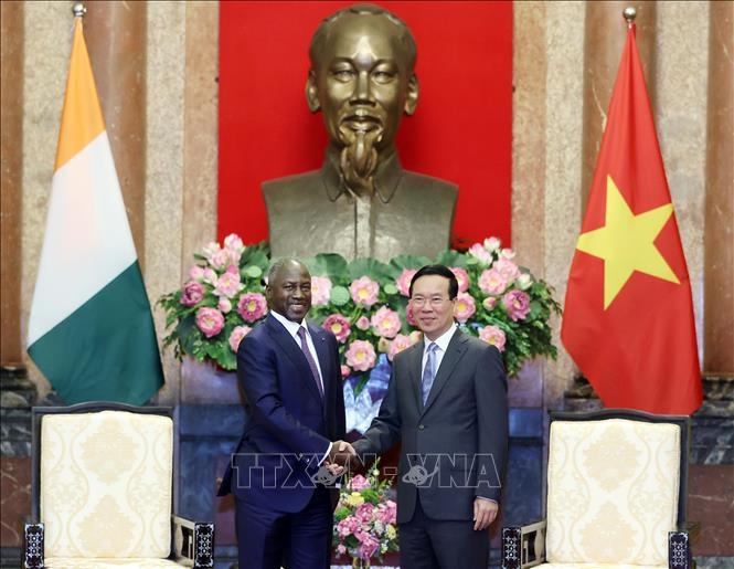Chủ tịch nước Võ Văn Thưởng tiếp Chủ tịch Quốc hội Bờ Biển Ngà Adama Bictogo.  