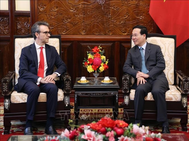 Chủ tịch nước Võ Văn Thưởng tiếp Đại sứ, Trưởng Phái đoàn Liên minh châu Âu Giorgio Aliberti. Ảnh:TTXVN 