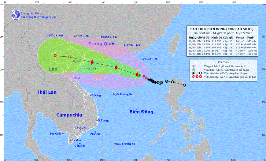 Đường đi cơn bão số 1. Ảnh: Trung tâm dự báo khí tượng thủy văn quốc gia 