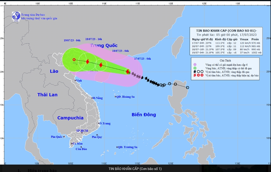 Hướng đi của bão số 1 lúc 5 giờ ngày 17-7-2023. Ảnh: NCHMF.gov.vn 
