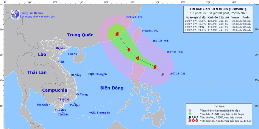  Hướng đi của bão Doksuri lúc 8 giờ ngày 25-7-2023. Ảnh: nchmf.gov.vn