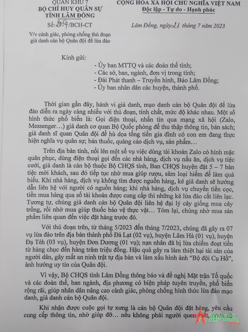  Văn bản cảnh báo của Bộ CHQS tỉnh Lâm Đồng về mạo danh cán bộ Quân đội lừa đảo trên địa bàn.