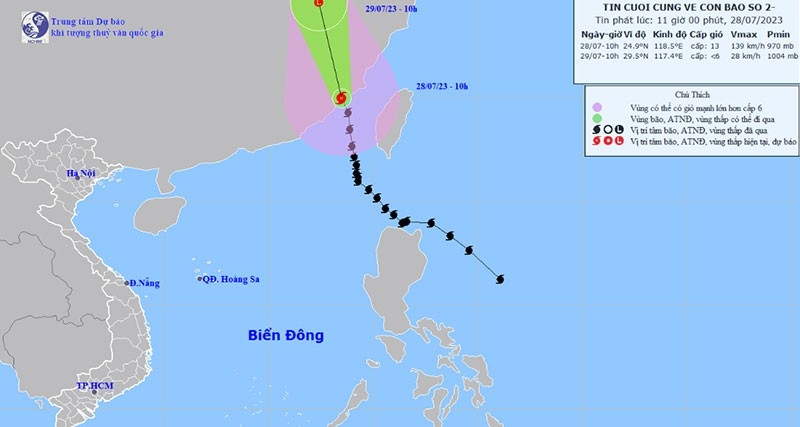 Vị trí và hướng di chuyển của bão số 2. Nguồn: nchmf.gov.vn. 