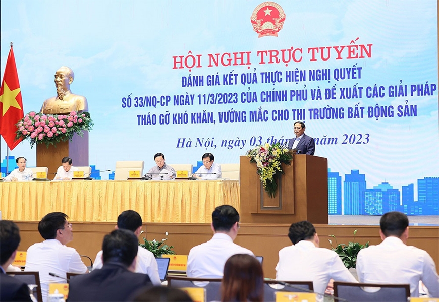 Thủ tướng Phạm Minh Chính khai mạc Hội nghị đánh giá kết quả thực hiện Nghị quyết số 33/NQ-CP ngày 11-3-2023 của Chính phủ về thị trường bất động sản. Ảnh:Dương Giang